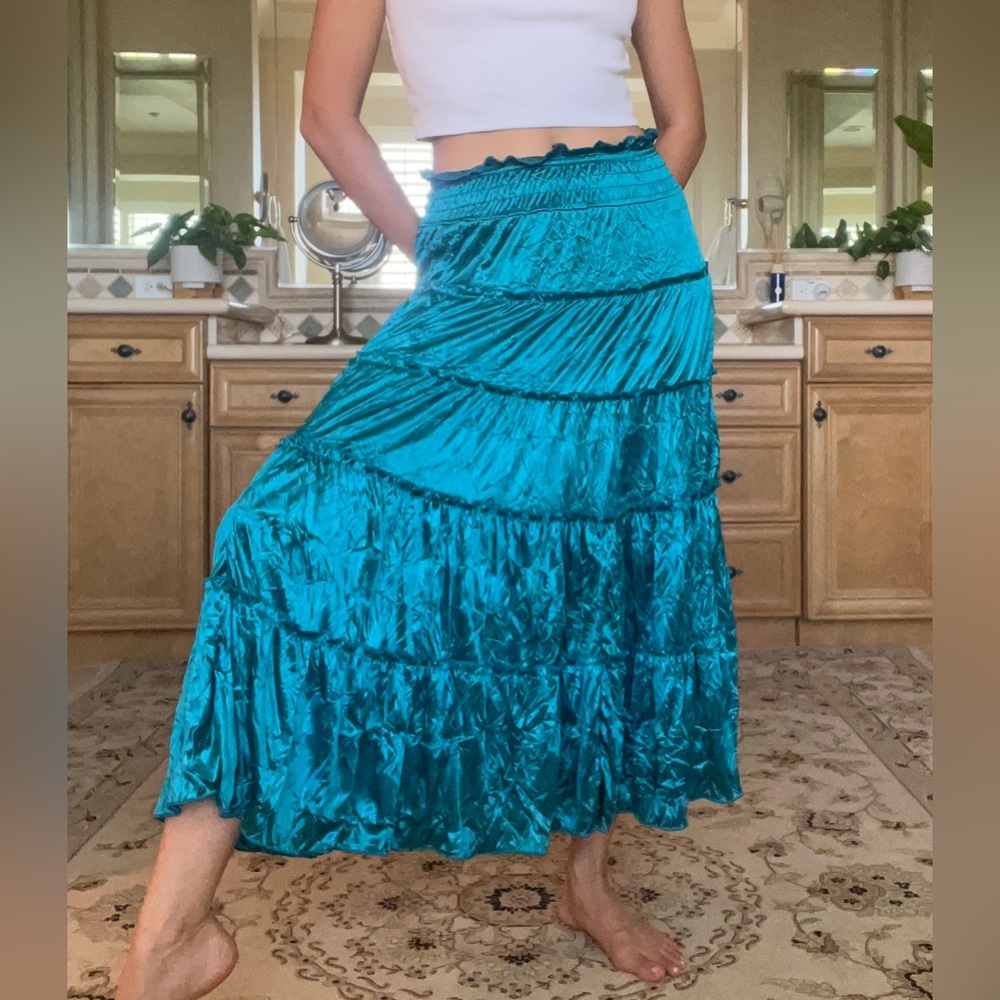 Vintage teal satin tiered skirt